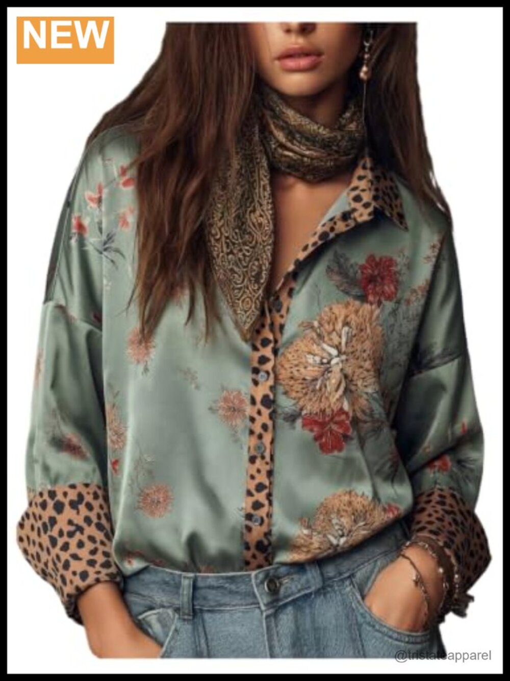 Women's Silky Satin Leopard Print Button Down Long Sleeve Blouse